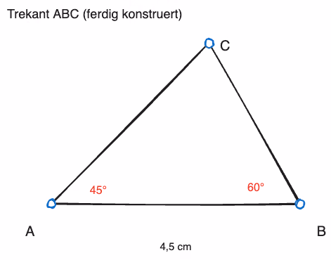 Illustrasjon: den ferdig konstruerte trekanten ABC med de to gitte vinklene og sidelengden markert