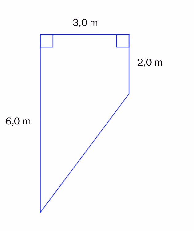 Firkant med to rette vinkler der sidene er 3,0 m, 2,0 m og 6,0 m