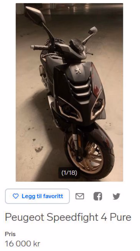 Annonse for en brukt moped, Peugeot Speedfight 4 Pure, til 16 000 kr