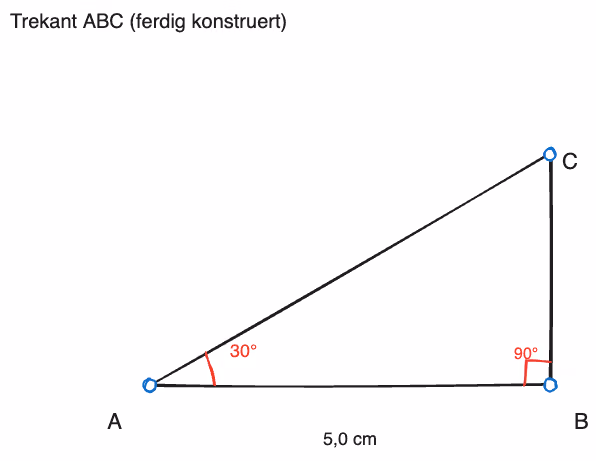 Illustrasjon: den ferdig konstruerte trekanten ABC med de to gitte vinklene og sidelengden markert