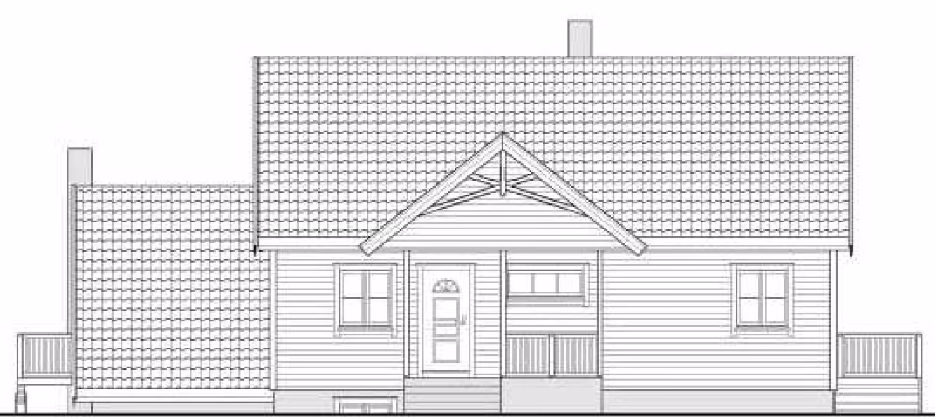 Arkitektens fasadetegning av en enebolig med saltak, veranda og pipe