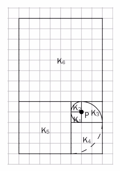 Fibonacci-spiralen tegnet som kvartsirkler inne i kvadratene