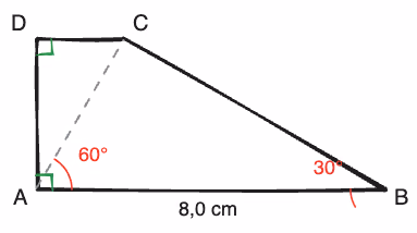 Hjelpefigur til konstruksjon av trapeset ABCD. Trekant ABC har AB=8,0 cm, vinkel A=60°, vinkel B=30°. Punktet D ligger over A slik at vinkel BAD=90° og DC er parallell med AB