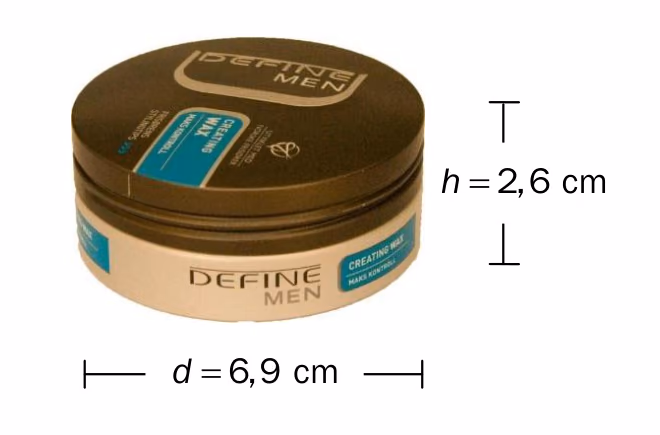 Boks med hårvoks med innvendig høyde h = 2,6 cm og innvendig diameter d = 6,9 cm