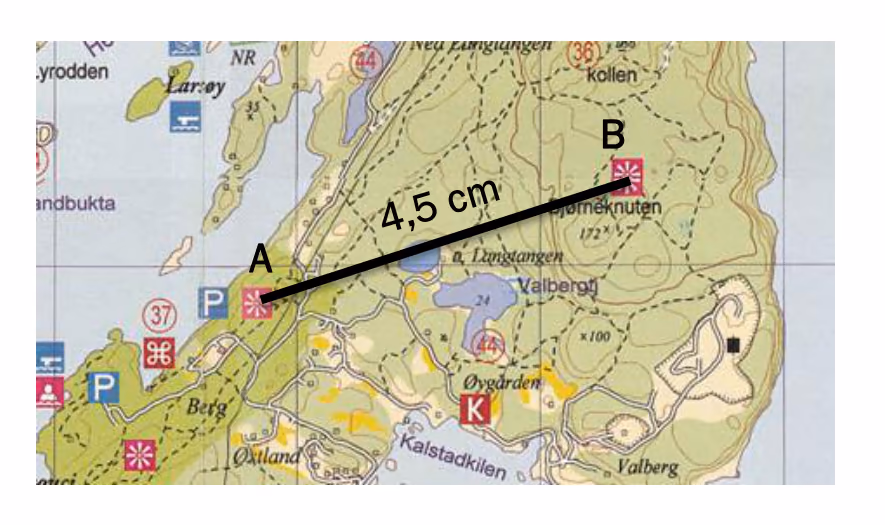 Kartutsnitt der punktene A og B er merket av, og avstanden mellom dem er 4{,}5 cm