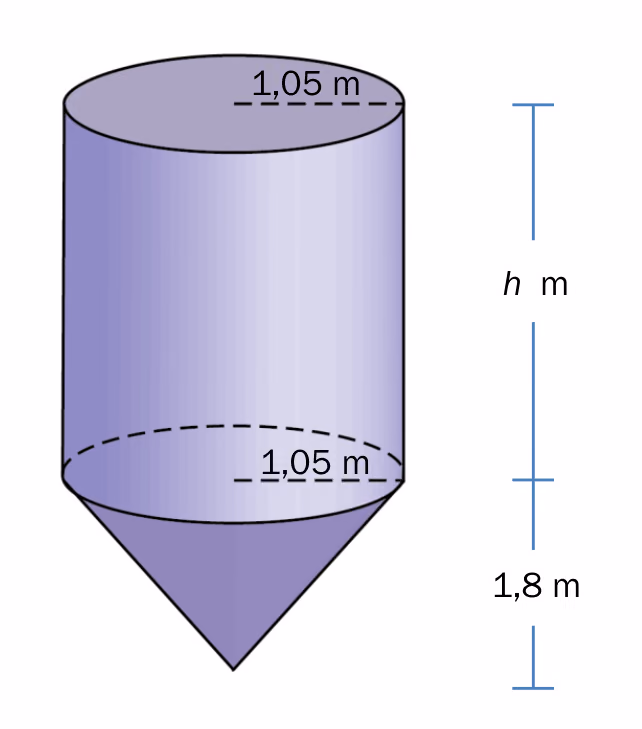 Silo satt sammen av en sylinder med høyde h m og en kjegle med høyde 1{,}8 m. Radien er 1{,}05 m i begge