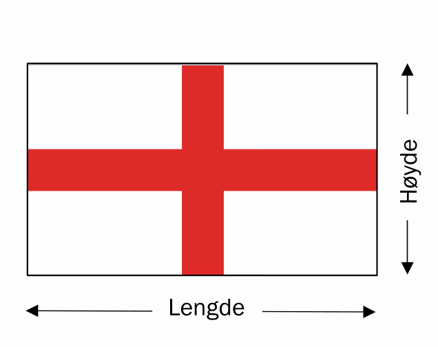 Englands flagg tegnet som et rektangel med et rødt kors. Den vannrette siden er merket «Lengde» og den loddrette «Høyde»