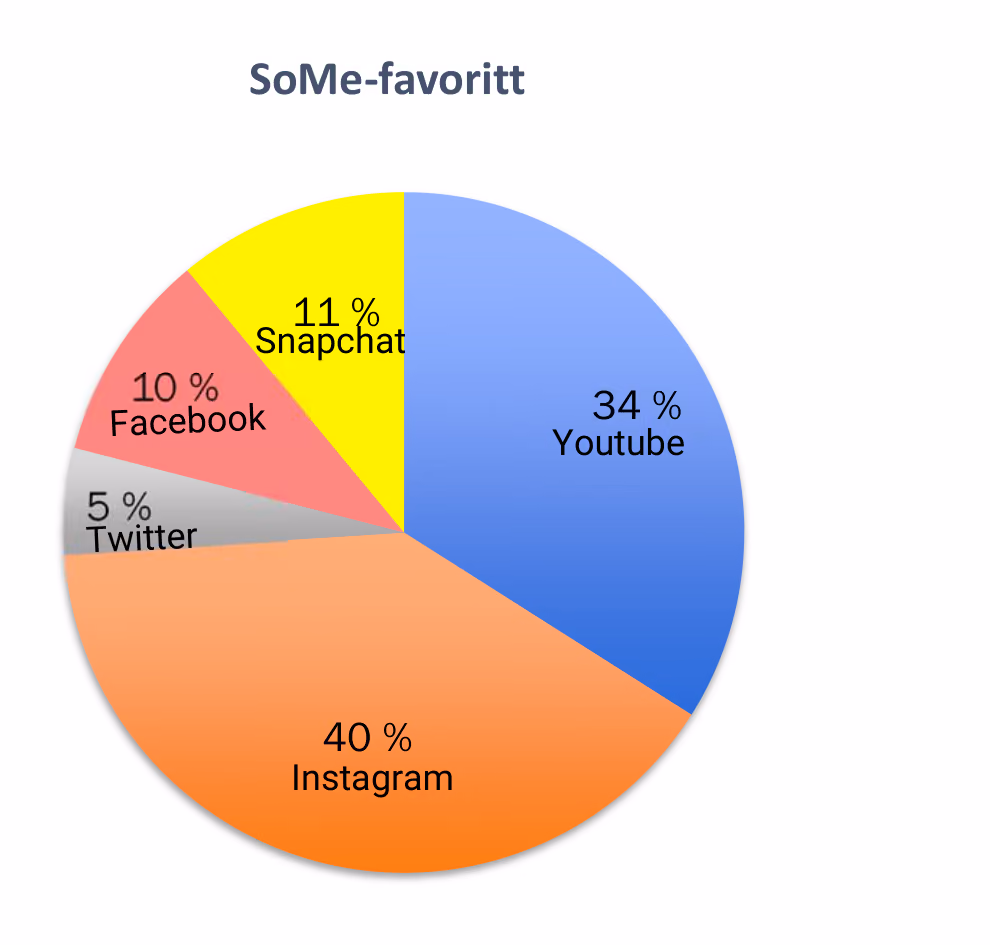Sektordiagram med tittelen SoMe-favoritt: Youtube 34 %, Instagram 40 %, Twitter 5 %, Facebook 10 % og Snapchat 11 %