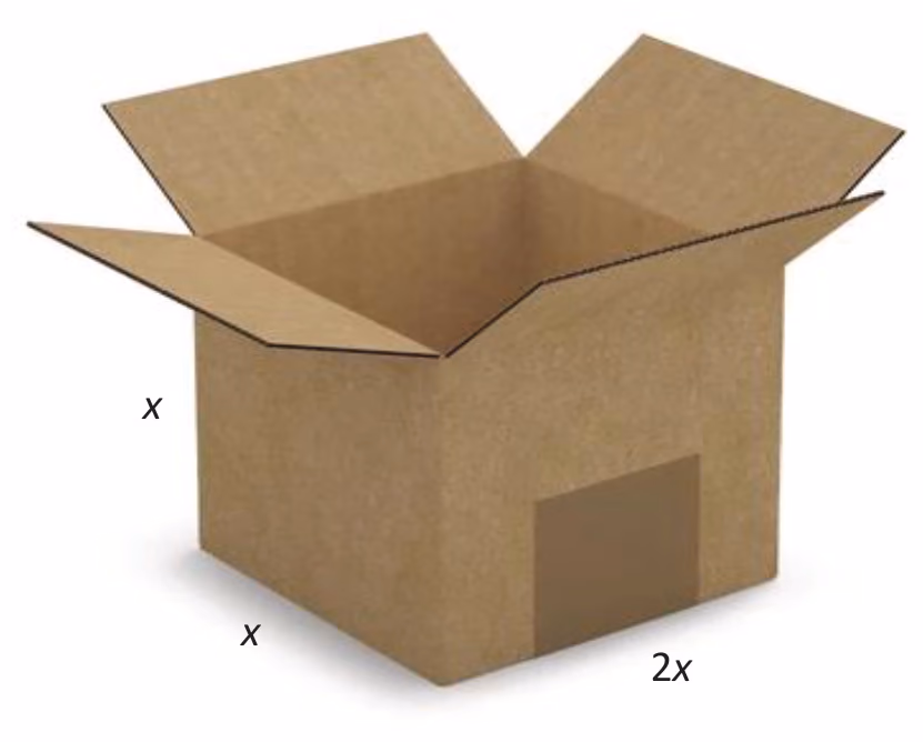 Åpen pappeske sett fra siden. Den loddrette sidekanten er merket x, den ene kanten i grunnflaten er merket x og den andre kanten i grunnflaten er merket 2x