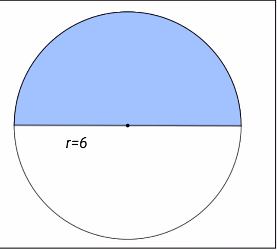 Sirkel der den øvre halvdelen er farget blå. Radien er merket r=6
