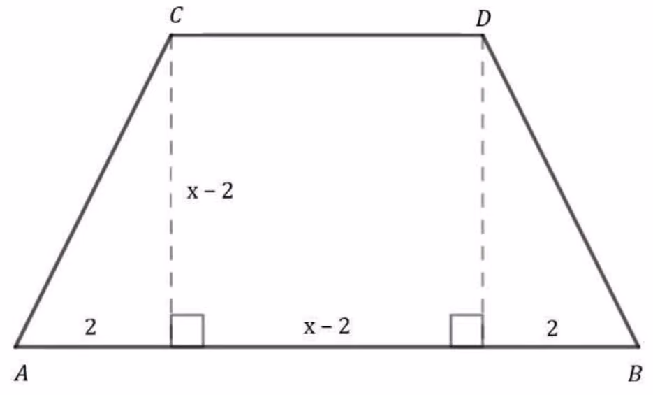 Trapeset ABCD med høyde x − 2, der grunnlinja AB er delt i lengdene 2, x − 2 og 2