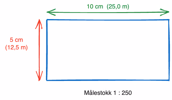 Rektangel på 10 cm × 5 cm som viser overflaten av bassenget i målestokk 1:250