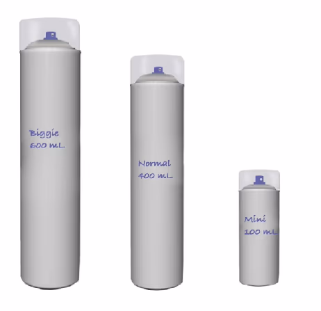 Tre hårsprayflasker: Biggie 600 mL, Normal 400 mL og Mini 100 mL i ulik størrelse