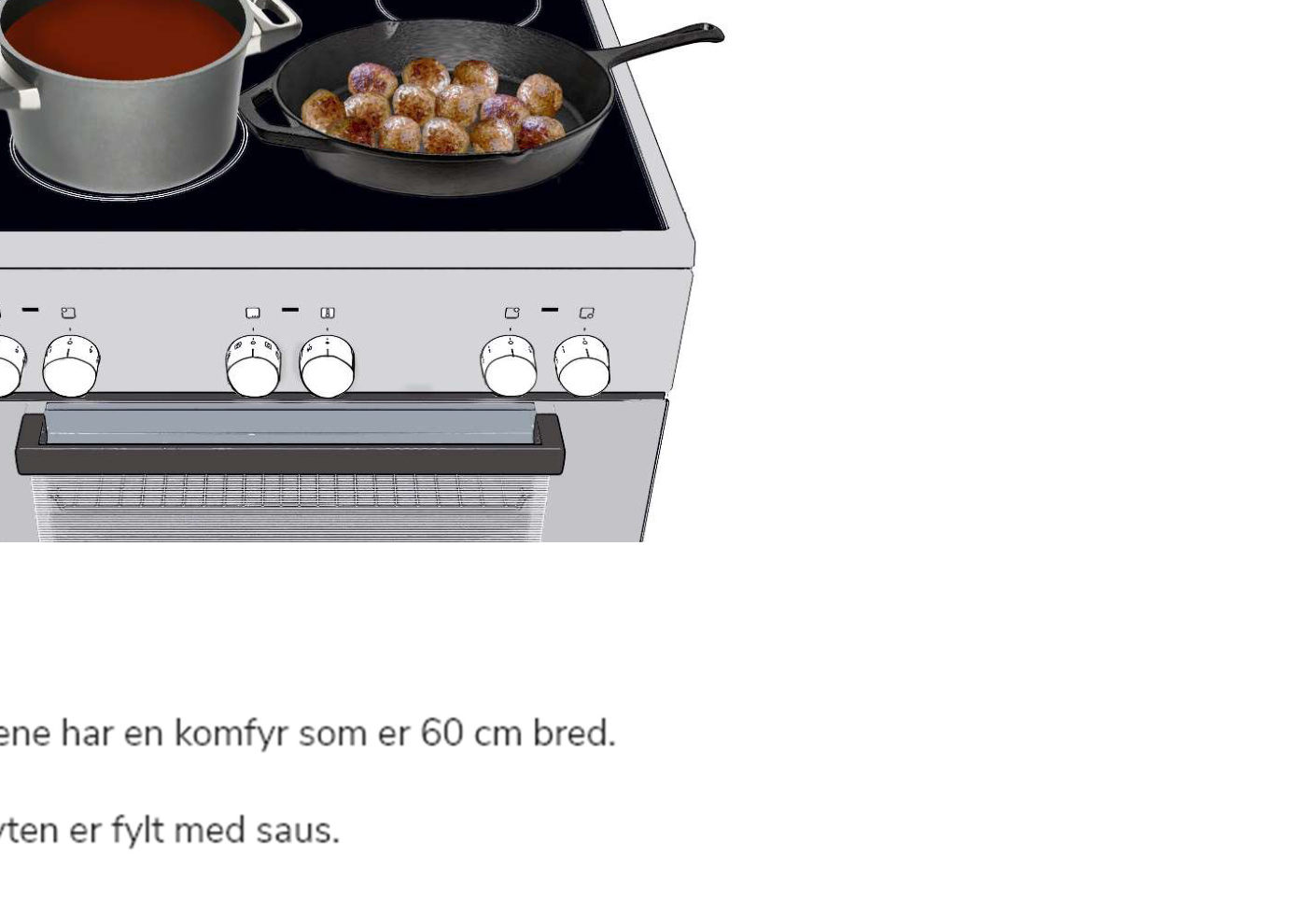 Komfyr med gryte med saus og stekepanne med kjøttboller