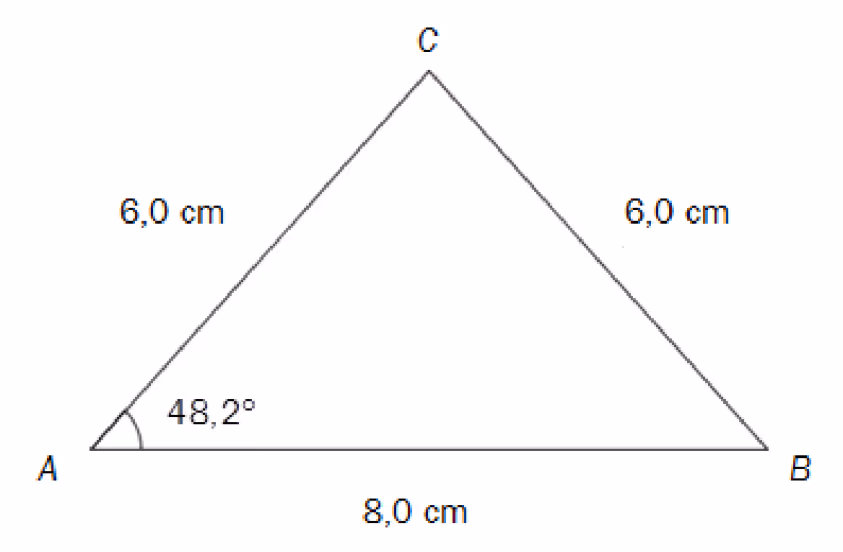 Trekant ABC med AC = BC = 6,0 cm, AB = 8,0 cm og vinkel A = 48,2°