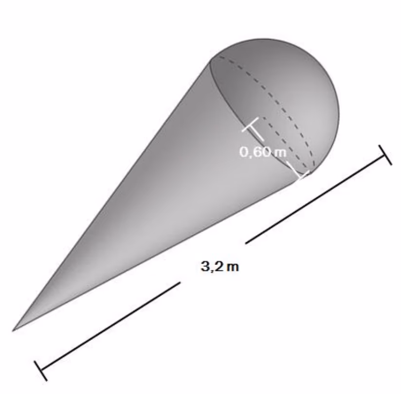 Modell av kuleis: kjegle med en halvkule i enden, radius 0,60 m og total lengde 3,2 m
