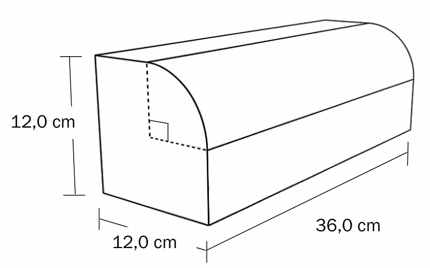 Trekloss med lengde 36,0 cm og tverrsnitt 12,0 cm × 12,0 cm, der den ene kanten er avrundet med en sirkelbue