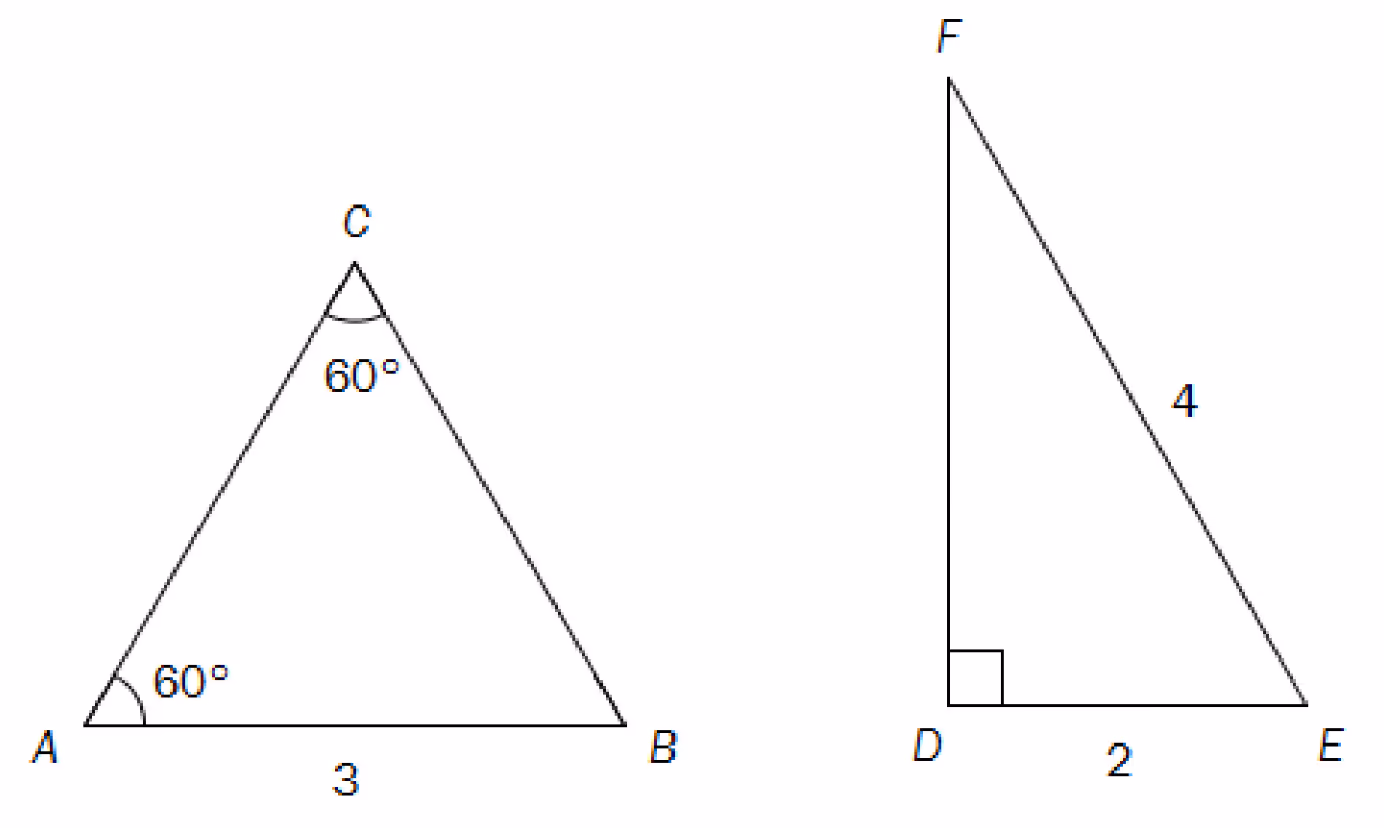 Trekant ABC med AB = 3 og vinklene A og C lik 60°, og rettvinklet trekant DEF med rett vinkel i D, DE = 2 og EF = 4