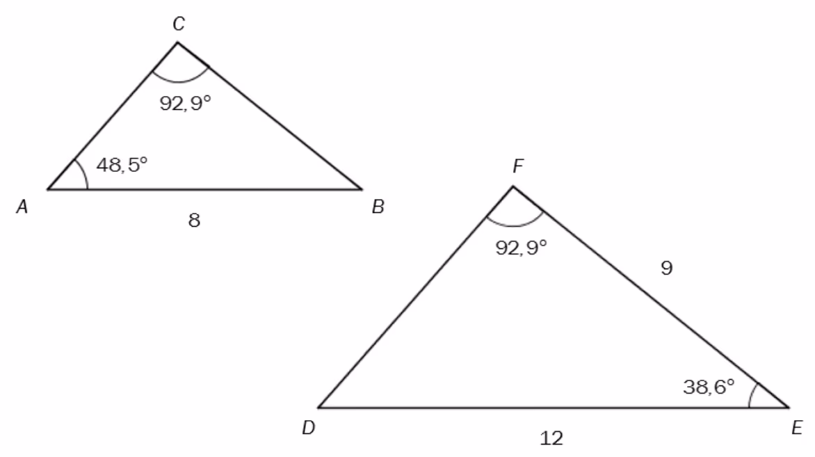 Trekant ABC med vinkel A lik 48,5°, vinkel C lik 92,9° og AB = 8, og trekant DEF med vinkel F lik 92,9°, vinkel E lik 38,6°, EF = 9 og DE = 12
