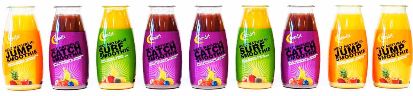 Ni smoothieflasker på rad: to «Surf», tre «Jump» og fire «Catch»