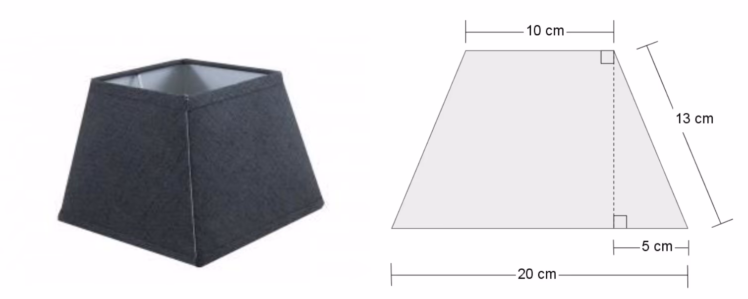 Lampeskjerm og skisse av én side: trapes med parallelle sider 10 cm og 20 cm, skrå side 13 cm og 5 cm fra høydens fotpunkt til hjørnet