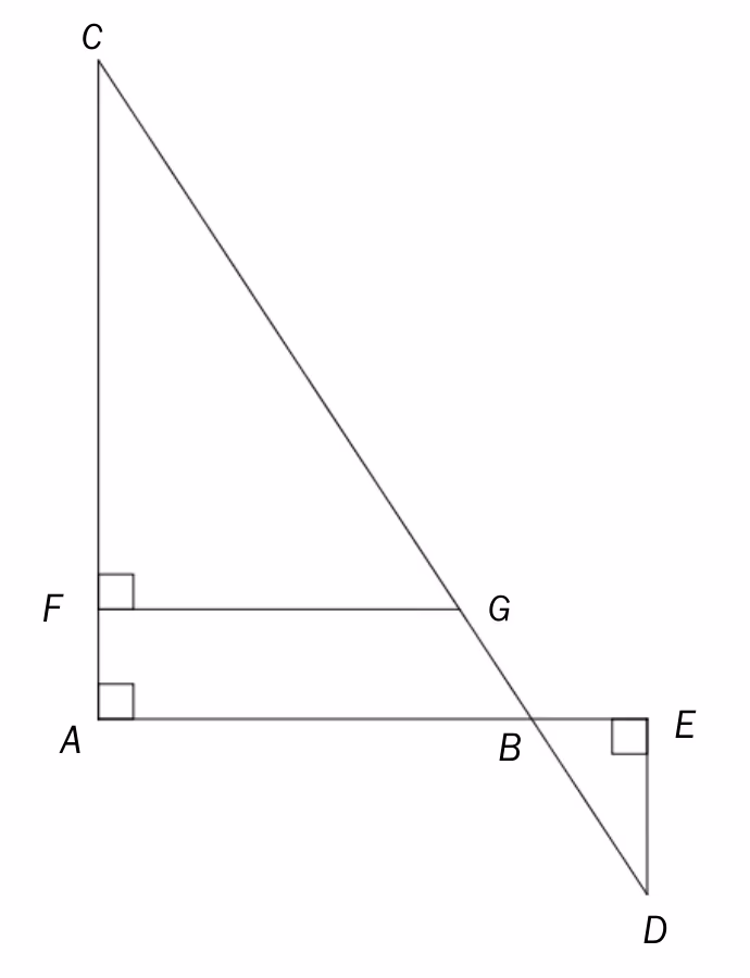 Figur av området med punktene A, B, C, D, E, F og G. AC og DE står vinkelrett på AE, og FG er parallell med AE