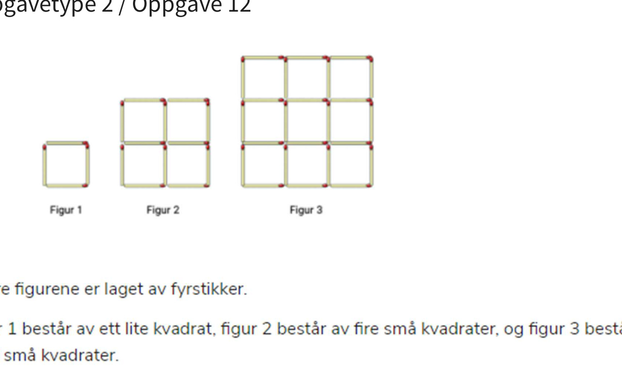 Tre figurer av fyrstikker: Figur 1 har 1 kvadrat, Figur 2 har 4 kvadrater i 2×2-rutenett, og Figur 3 har 9 kvadrater i 3×3-rutenett