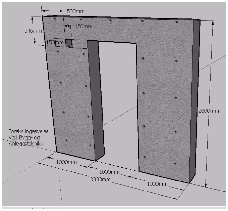 Forskaling for betongvegg, 3000 mm lang og 2800 mm høy, med døråpning på 1000 mm og ventil på 150 mm × 150 mm