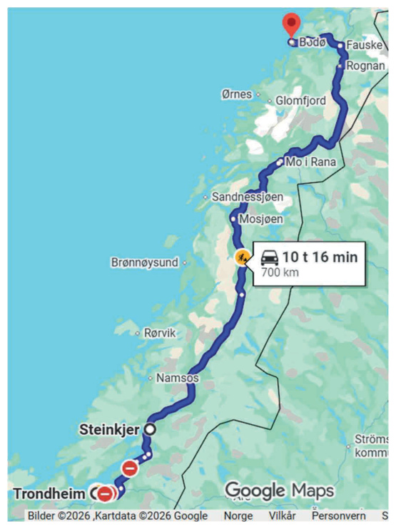 Google Maps: Trondheim til Bodø, 10 t 16 min, 700 km