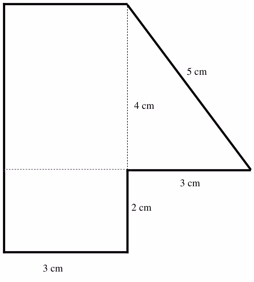 Sammensatt figur av et rektangel og en rettvinklet trekant med målene 3 cm, 2 cm, 3 cm, 4 cm og 5 cm