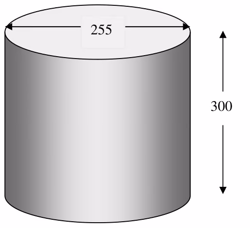 Sylinder med diameter 255 og høyde 300 (mål i mm)