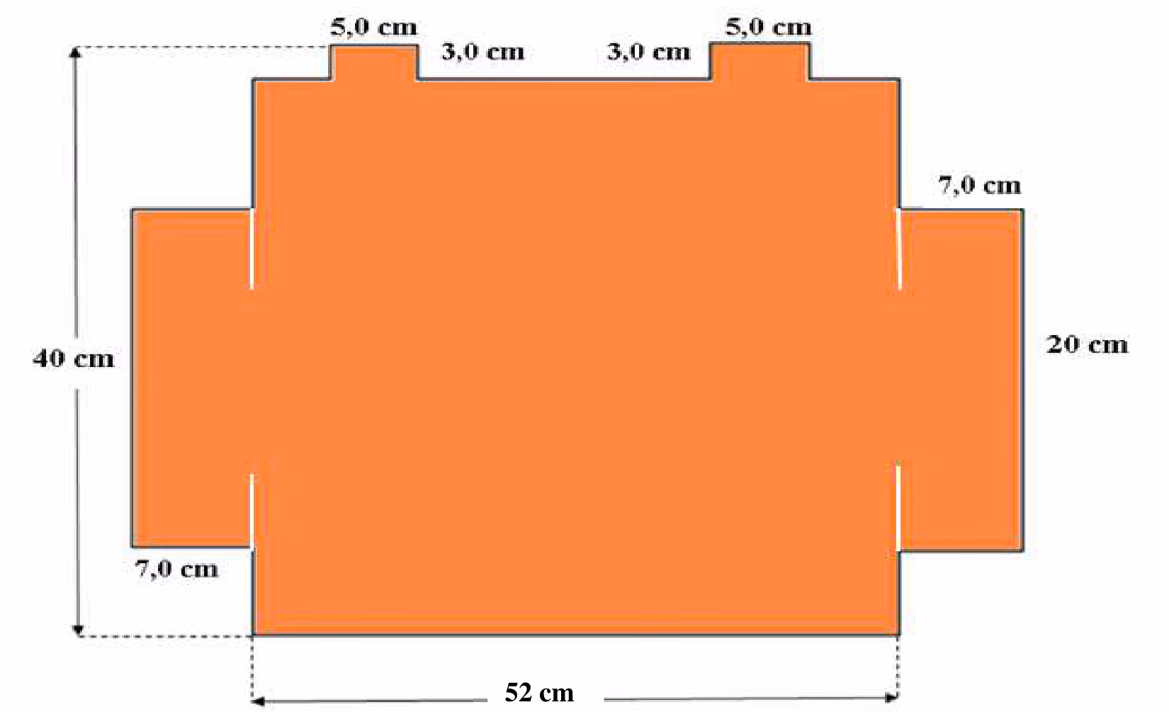 Den utbrettede esken med mål 52 cm, 40 cm, 20 cm, 7,0 cm, 5,0 cm og 3,0 cm