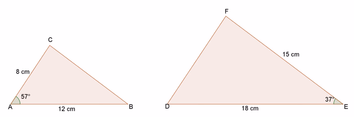 Trekant ABC med AB = 12 \mathrm{~cm}, AC = 8 \mathrm{~cm} og vinkel A = 57\degree, og trekant DEF med DE = 18 \mathrm{~cm}, EF = 15 \mathrm{~cm} og vinkel E = 37\degree