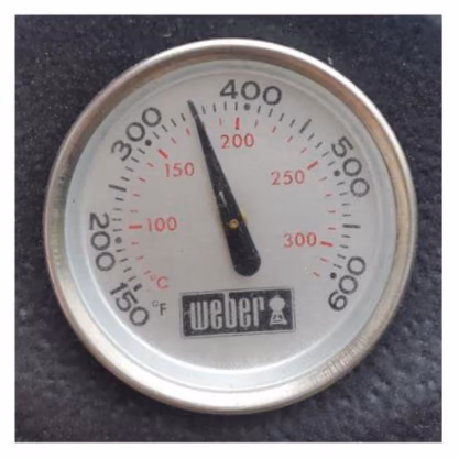 Grilltermometer med to skalaer: grader Fahrenheit ytterst (150–600) og grader Celsius innerst i rødt (100–300)