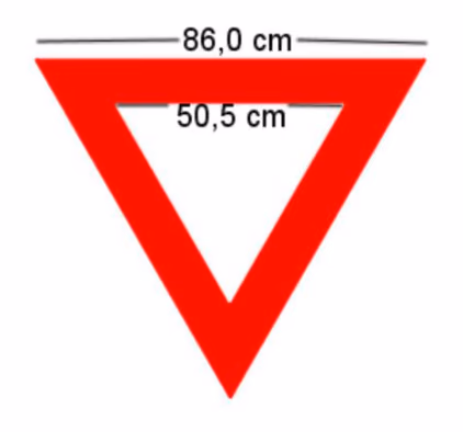 Vikepliktskilt: ytre likesidet trekant med side 86,0 cm og hvit indre likesidet trekant med side 50,5 cm