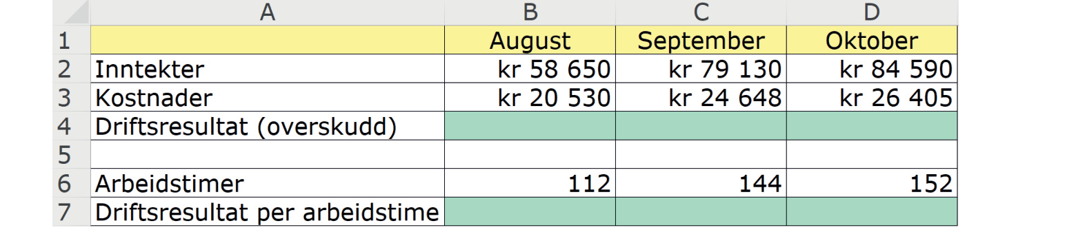 Regneark med inntekter, kostnader og arbeidstimer