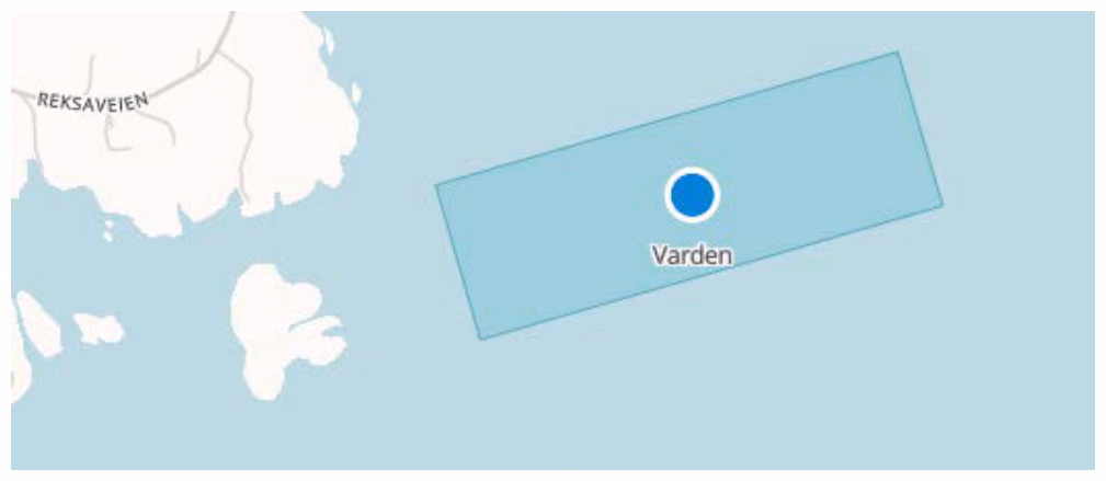Kart over oppdrettslokaliteten Varden, markert som et rektangel i sjøen