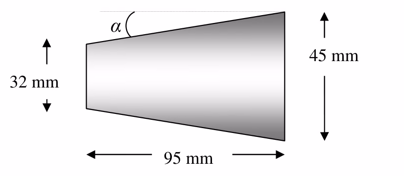 Konus med største diameter 45 mm, minste diameter 32 mm, lengde 95 mm og innstillingsvinkel α