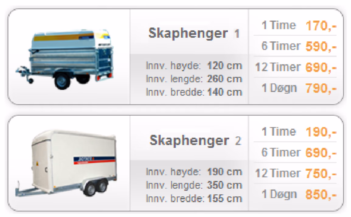 Prisliste og innvendige mål for skaphenger 1 og skaphenger 2