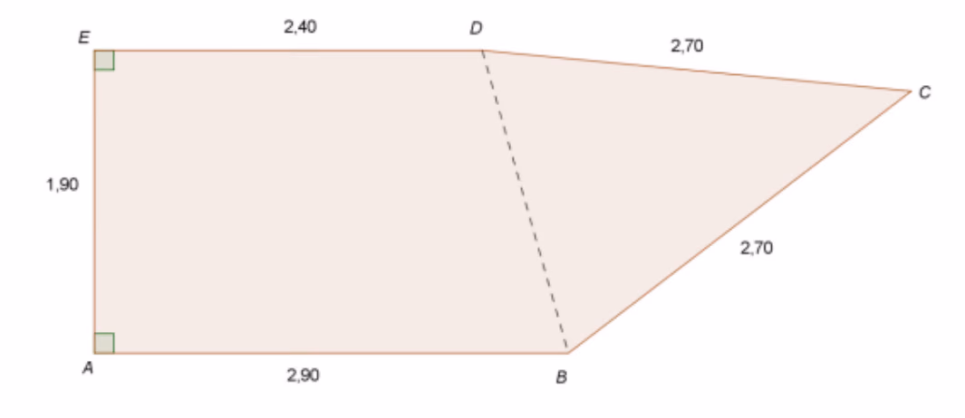 Sideflaten ABCDE med rette vinkler i A og E, AB = 2,90, ED = 2,40, AE = 1,90 og DC = BC = 2,70. Diagonalen BD er stiplet