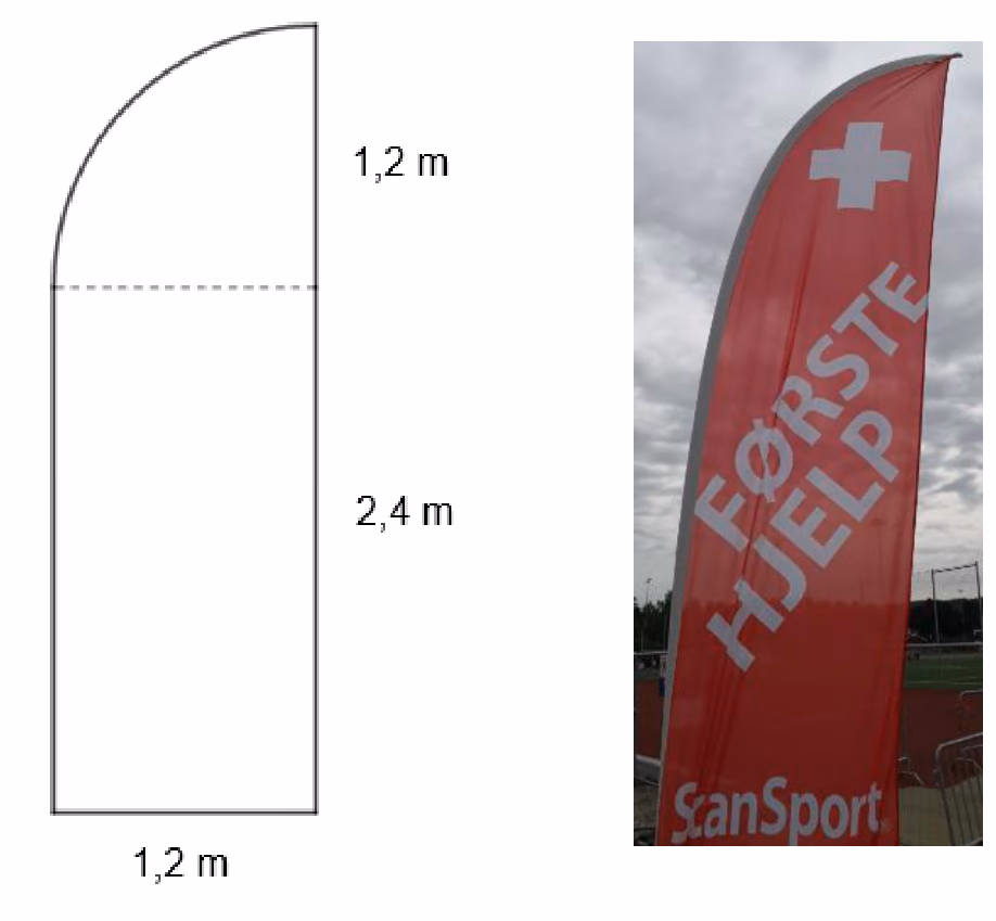 Skisse av reklameflagg: rektangel 1,2 m bredt og 2,4 m høyt med en kvartsirkel med radius 1,2 m på toppen, og foto av flagget