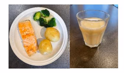 Lunsj med laks, poteter, brokkoli og melk.