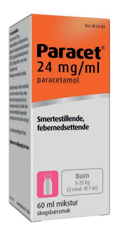 Paracet mikstur 24 mg/mL. Kilde: https://paracet.no/produkt/mikstur/, Pixabay