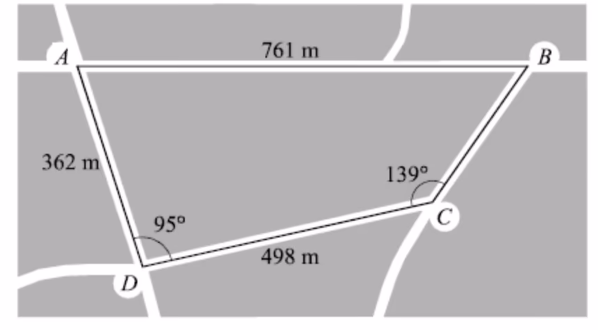 Kart over løypa rundt firkanten ABCD med AB = 761 m, AD = 362 m, DC = 498 m, vinkel D = 95° og vinkel C = 139°