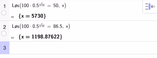 CAS-utregning av T(x) = 50 og T(x) = 86,5