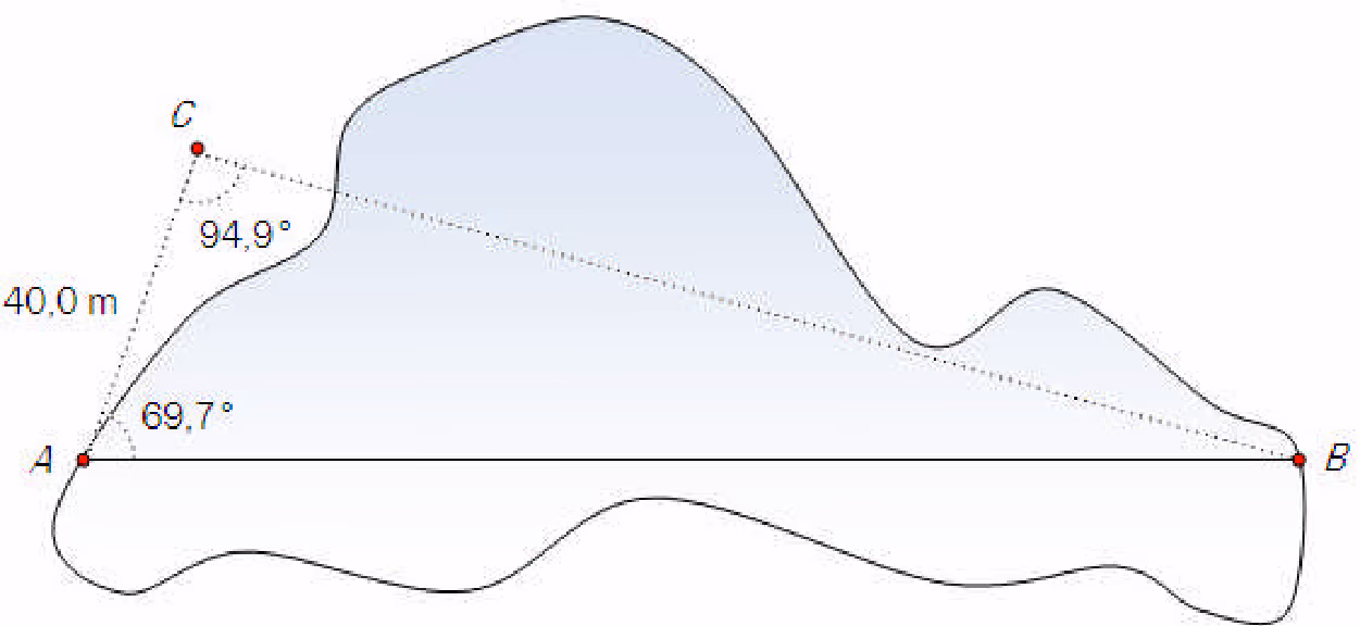 Innsjø med punktene A og B på hver sin side, punktet C med AC = 40,0 m, vinkel A = 69,7° og vinkel C = 94,9°