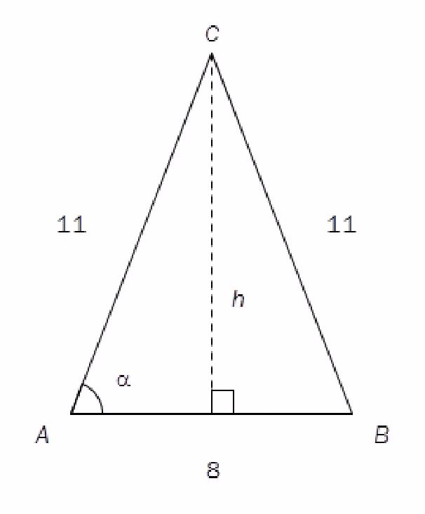 Likebeint trekant ABC med AC = BC = 11, AB = 8, vinkel alfa i A og høyden h fra C