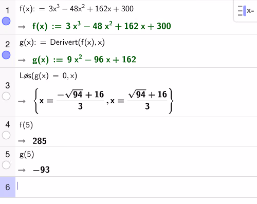 CAS-utregning av f'(x), likningen f'(x)=0, f(5) og f'(5)