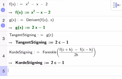 CAS-utregning av tangentens og kordens stigningstall