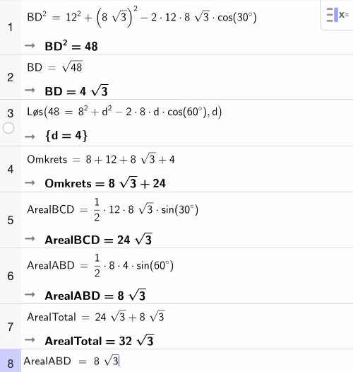 Beregning av BD, AD, omkrets og areal i GeoGebra CAS